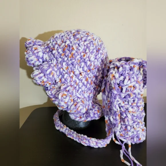 Cozy Multi Purple Crochet Bucket Hat and Crossbody Water Bottle Carrier Set.
